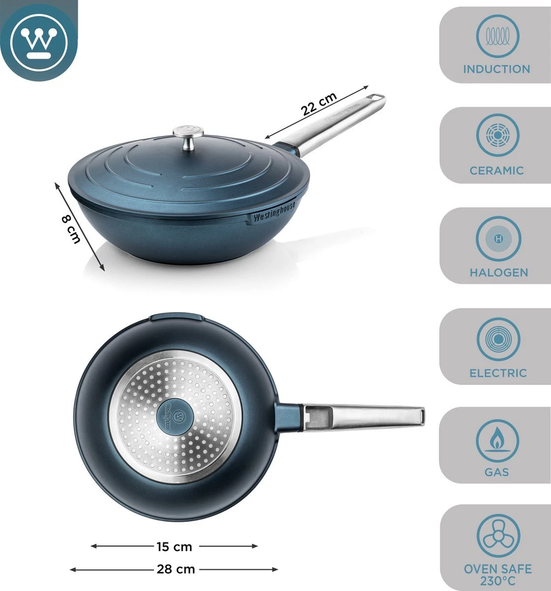 Westinghouse Pannenset Performance (Wokpan + Grillpan) ø 28 Cm - Blauw - Inductie En Alle Andere Warmtebronnen 8 Westinghouse Pannenset Performance (Wokpan + Grillpan) ø 28 Cm - Blauw - Inductie En Alle Andere Warmtebronnen - Afbeelding 6