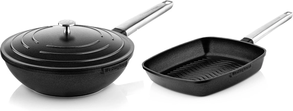 Westinghouse Pannenset Performance (Wokpan + Grillpan) ø 28 Cm - Zwart - Inductie En Alle Andere Warmtebronnen 3 Westinghouse Pannenset Performance (Wokpan + Grillpan) ø 28 Cm - Zwart - Inductie En Alle Andere Warmtebronnen