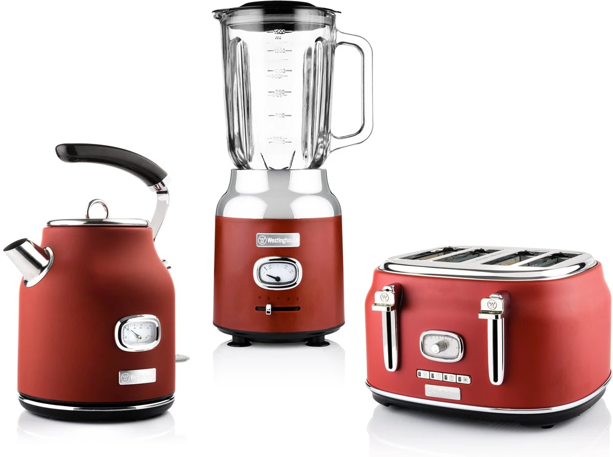 Westinghouse Retro Waterkoker + Broodrooster 4 Sleuven + Blender - Rood 3 Westinghouse Retro Waterkoker + Broodrooster 4 Sleuven + Blender - Rood