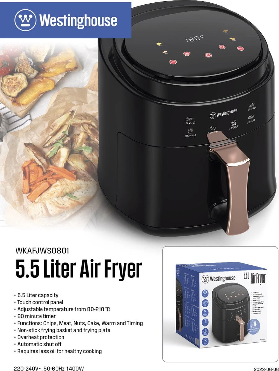 Westinghouse Airfryer / Heteluchtfriteuse - 1400 W - Zwart - 5.5 Liter 8 Westinghouse Airfryer / Heteluchtfriteuse - 1400 W - Zwart - 5.5 Liter - Afbeelding 6