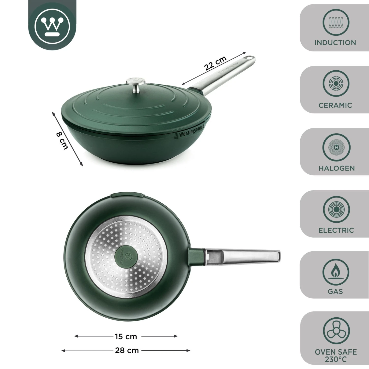 Westinghouse Wokpan Performance - Gracious Green - ø 28 Cm - Standaard Anti-aanbaklaag 4 Westinghouse Wokpan Performance - Gracious Green - ø 28 Cm - Standaard Anti-aanbaklaag - Afbeelding 2
