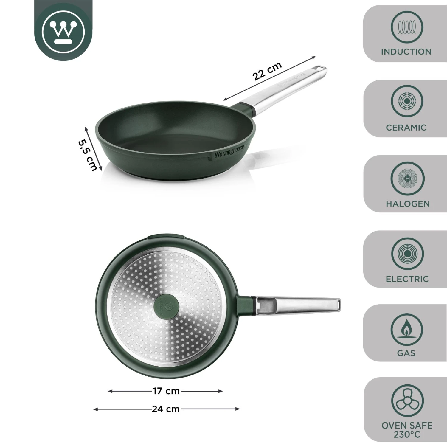 Westinghouse Koekenpan Performance - Gracious Green - ø 24 Cm - Standaard Anti-aanbaklaag 4 Westinghouse Koekenpan Performance - Gracious Green - ø 24 Cm - Standaard Anti-aanbaklaag - Afbeelding 2